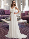 Shania A-Line V-neck Court Train Chiffon Lace Wedding Dress With Beading Sequins UKP0017100