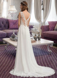 Shania A-Line V-neck Court Train Chiffon Lace Wedding Dress With Beading Sequins UKP0017100