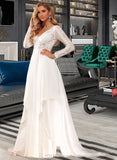 Camila A-Line V-neck Court Train Chiffon Lace Wedding Dress With Ruffle Lace UKP0017102