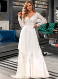 Camila A-Line V-neck Court Train Chiffon Lace Wedding Dress With Ruffle Lace UKP0017102