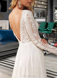 Camila A-Line V-neck Court Train Chiffon Lace Wedding Dress With Ruffle Lace UKP0017102