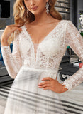 Camila A-Line V-neck Court Train Chiffon Lace Wedding Dress With Ruffle Lace UKP0017102