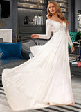 Camila A-Line V-neck Court Train Chiffon Lace Wedding Dress With Ruffle Lace UKP0017102