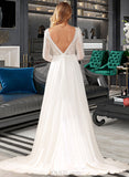 Camila A-Line V-neck Court Train Chiffon Lace Wedding Dress With Ruffle Lace UKP0017102