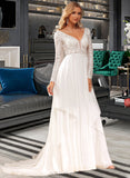 Camila A-Line V-neck Court Train Chiffon Lace Wedding Dress With Ruffle Lace UKP0017102