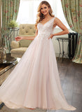 Jayda Ball-Gown/Princess V-neck Sweep Train Tulle Lace Wedding Dress With Lace UKP0017103