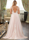 Jayda Ball-Gown/Princess V-neck Sweep Train Tulle Lace Wedding Dress With Lace UKP0017103