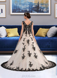 Angeline Ball-Gown/Princess V-neck Court Train Tulle Lace Wedding Dress With Appliques Lace UKP0017104