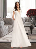 Melinda A-Line V-neck Floor-Length Chiffon Lace Wedding Dress UKP0017105