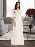 Melinda A-Line V-neck Floor-Length Chiffon Lace Wedding Dress UKP0017105