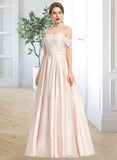 Kelly Ball-Gown/Princess Off-the-Shoulder Floor-Length Satin Lace Wedding Dress With Sequins UKP0017106