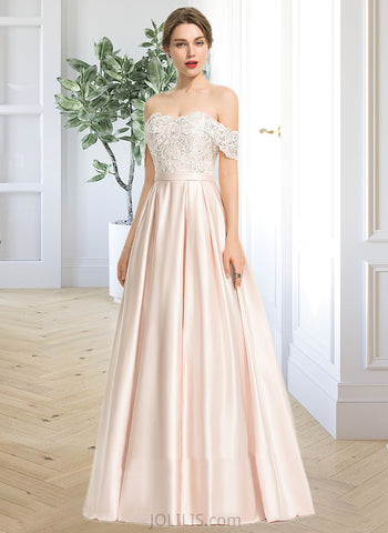 Kelly Ball-Gown/Princess Off-the-Shoulder Floor-Length Satin Lace Wedding Dress With Sequins UKP0017106