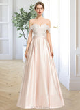 Kelly Ball-Gown/Princess Off-the-Shoulder Floor-Length Satin Lace Wedding Dress With Sequins UKP0017106