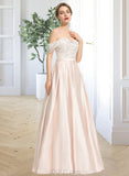 Kelly Ball-Gown/Princess Off-the-Shoulder Floor-Length Satin Lace Wedding Dress With Sequins UKP0017106