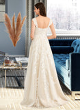 Baylee A-Line Off-the-Shoulder Sweep Train Tulle Lace Wedding Dress With Beading Sequins UKP0017109