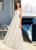 Baylee A-Line Off-the-Shoulder Sweep Train Tulle Lace Wedding Dress With Beading Sequins UKP0017109