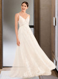 Sophronia A-Line V-neck Court Train Tulle Lace Wedding Dress With Beading UKP0017110