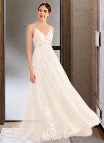 Sophronia A-Line V-neck Court Train Tulle Lace Wedding Dress With Beading UKP0017110