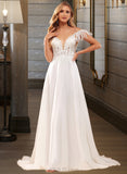 Lilian A-Line V-neck Court Train Chiffon Lace Wedding Dress With Lace Beading Feather Sequins Pockets UKP0017112