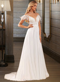 Lilian A-Line V-neck Court Train Chiffon Lace Wedding Dress With Lace Beading Feather Sequins Pockets UKP0017112