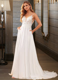 Lilian A-Line V-neck Court Train Chiffon Lace Wedding Dress With Lace Beading Feather Sequins Pockets UKP0017112