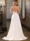 Lilian A-Line V-neck Court Train Chiffon Lace Wedding Dress With Lace Beading Feather Sequins Pockets UKP0017112