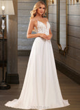 Lilian A-Line V-neck Court Train Chiffon Lace Wedding Dress With Lace Beading Feather Sequins Pockets UKP0017112