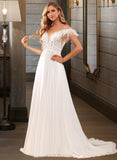 Lilian A-Line V-neck Court Train Chiffon Lace Wedding Dress With Lace Beading Feather Sequins Pockets UKP0017112