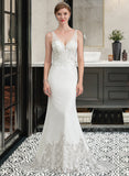 Kayden Trumpet/Mermaid V-neck Court Train Lace Stretch Crepe Wedding Dress UKP0017113