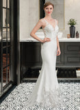 Kayden Trumpet/Mermaid V-neck Court Train Lace Stretch Crepe Wedding Dress UKP0017113