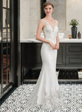 Kayden Trumpet/Mermaid V-neck Court Train Lace Stretch Crepe Wedding Dress UKP0017113