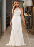 Greta A-Line High Neck Sweep Train Chiffon Lace Wedding Dress With Lace Beading Sequins UKP0017114