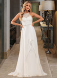 Greta A-Line High Neck Sweep Train Chiffon Lace Wedding Dress With Lace Beading Sequins UKP0017114