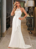 Greta A-Line High Neck Sweep Train Chiffon Lace Wedding Dress With Lace Beading Sequins UKP0017114