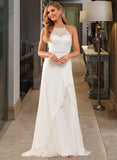 Greta A-Line High Neck Sweep Train Chiffon Lace Wedding Dress With Lace Beading Sequins UKP0017114