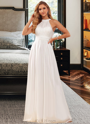 Lucille A-Line High Neck Floor-Length Chiffon Wedding Dress With Ruffle UKP0017115