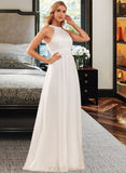 Lucille A-Line High Neck Floor-Length Chiffon Wedding Dress With Ruffle UKP0017115