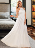 Lucille A-Line High Neck Floor-Length Chiffon Wedding Dress With Ruffle UKP0017115