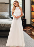 Lucille A-Line High Neck Floor-Length Chiffon Wedding Dress With Ruffle UKP0017115