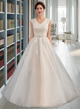 Nita A-Line V-neck Sweep Train Tulle Lace Wedding Dress With Beading Sequins Bow(s) UKP0017116