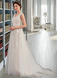 Nita A-Line V-neck Sweep Train Tulle Lace Wedding Dress With Beading Sequins Bow(s) UKP0017116