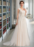 Nita A-Line V-neck Sweep Train Tulle Lace Wedding Dress With Beading Sequins Bow(s) UKP0017116