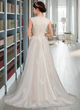 Nita A-Line V-neck Sweep Train Tulle Lace Wedding Dress With Beading Sequins Bow(s) UKP0017116