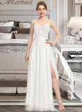 Aryanna A-Line V-neck Sweep Train Chiffon Lace Wedding Dress With Split Front UKP0017119