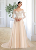 Kyleigh Ball-Gown/Princess Illusion Chapel Train Tulle Lace Wedding Dress With Sequins UKP0017121