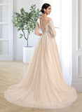 Kyleigh Ball-Gown/Princess Illusion Chapel Train Tulle Lace Wedding Dress With Sequins UKP0017121