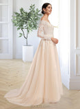 Kyleigh Ball-Gown/Princess Illusion Chapel Train Tulle Lace Wedding Dress With Sequins UKP0017121