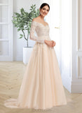 Kyleigh Ball-Gown/Princess Illusion Chapel Train Tulle Lace Wedding Dress With Sequins UKP0017121