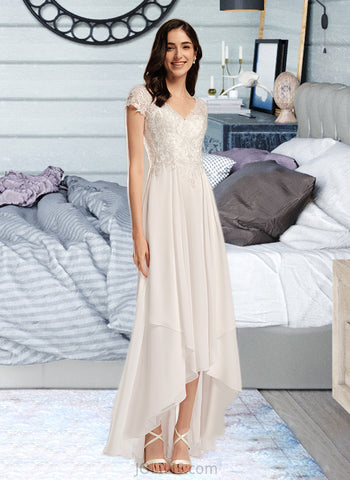 Maryjane A-Line V-neck Asymmetrical Chiffon Wedding Dress With Lace UKP0017122