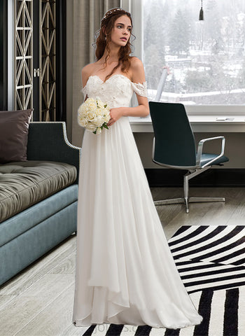 Maren A-Line Off-the-Shoulder Sweep Train Chiffon Wedding Dress With Lace Beading Flower(s) UKP0017123